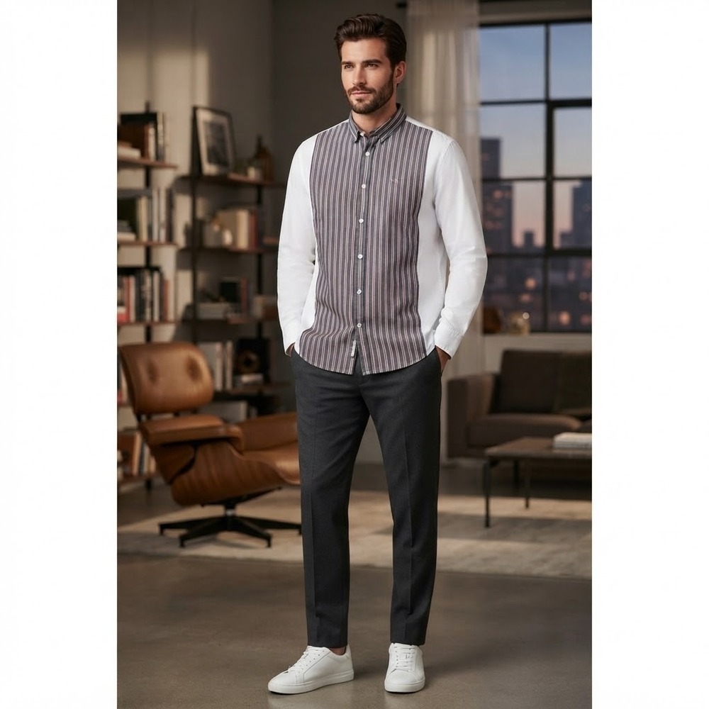 A/X Armani Exchange Men's XXL Vertical Striped Paneled Long Sleeve Button Down